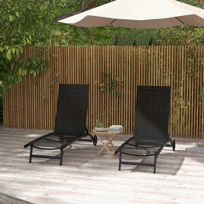 Set of 2 reclining sun loungers with wheels, aluminum and textilene, multiposition backrest, max load capacity 150 kg black