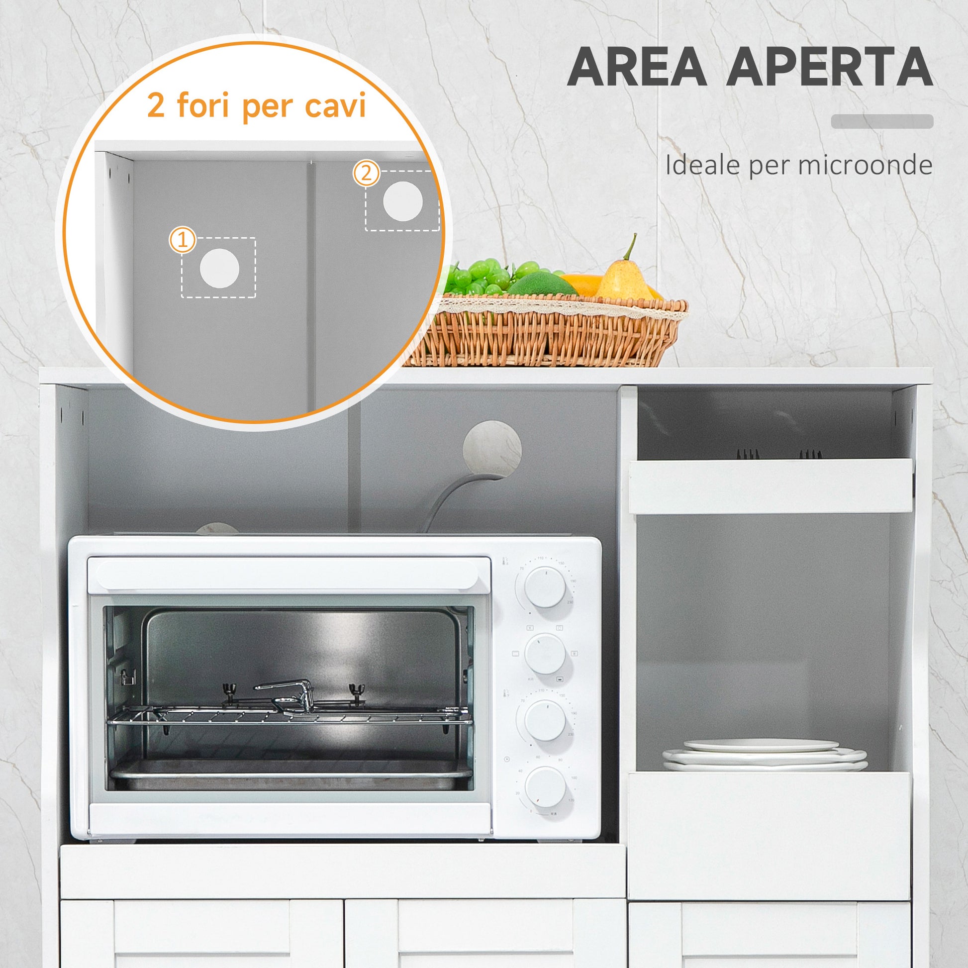 Space-Saving Kitchen Cabinet with 2 Cabinets and Drawer and Pull-Out Shelves, Microwave Stand with Adjustable Shelves in Wood, 84x39x109 cm, White