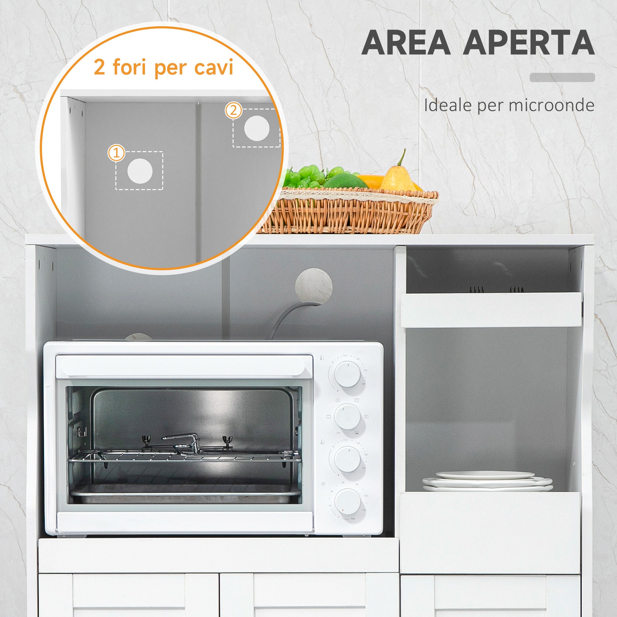 Space-Saving Kitchen Cabinet with 2 Cabinets and Drawer and Pull-Out Shelves, Microwave Stand with Adjustable Shelves in Wood, 84x39x109 cm, White