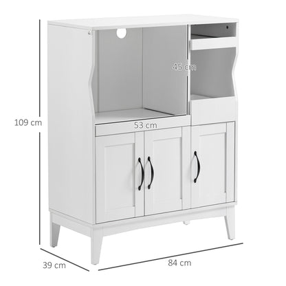Space-Saving Kitchen Cabinet with 2 Cabinets and Drawer and Pull-Out Shelves, Microwave Stand with Adjustable Shelves in Wood, 84x39x109 cm, White