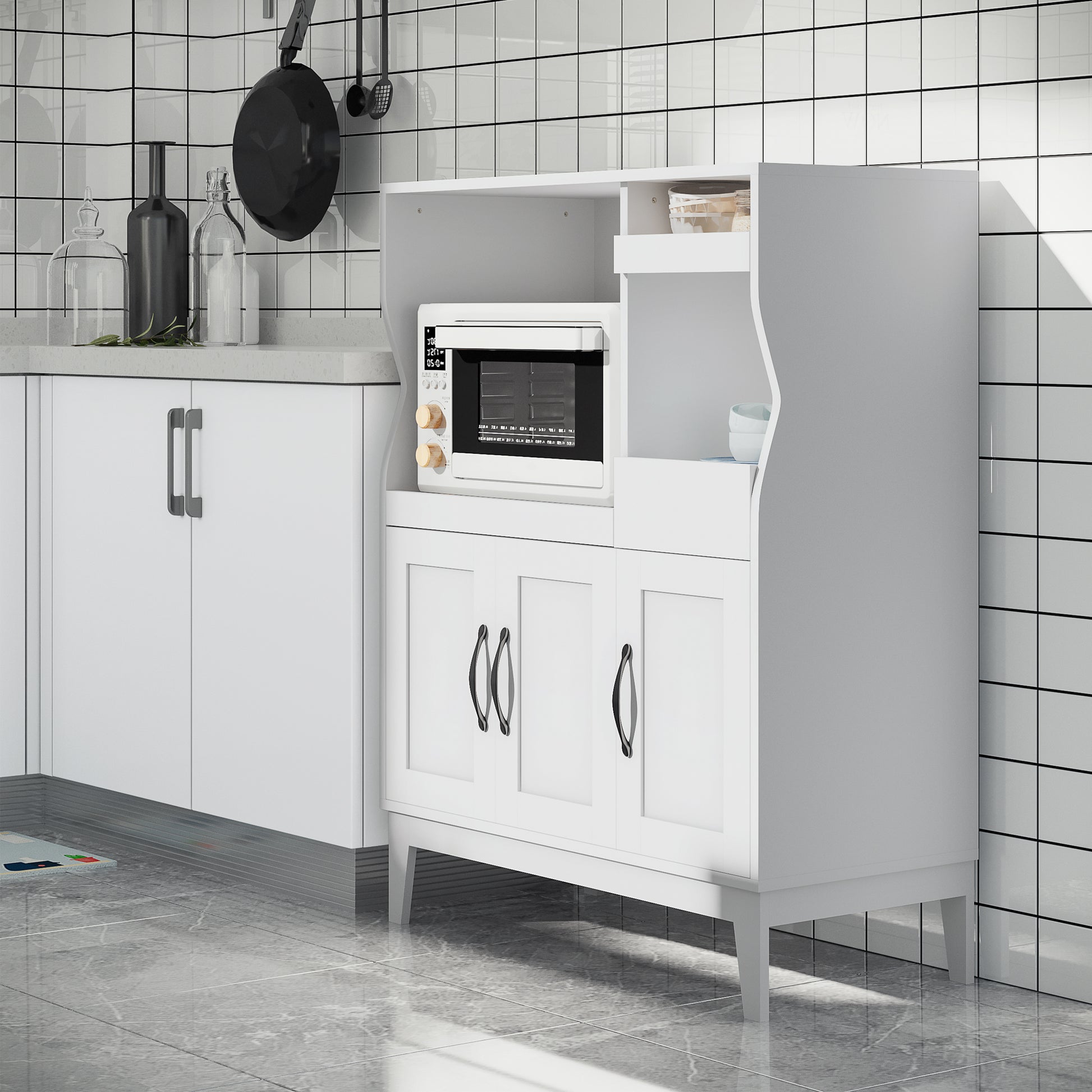 Space-Saving Kitchen Cabinet with 2 Cabinets and Drawer and Pull-Out Shelves, Microwave Stand with Adjustable Shelves in Wood, 84x39x109 cm, White