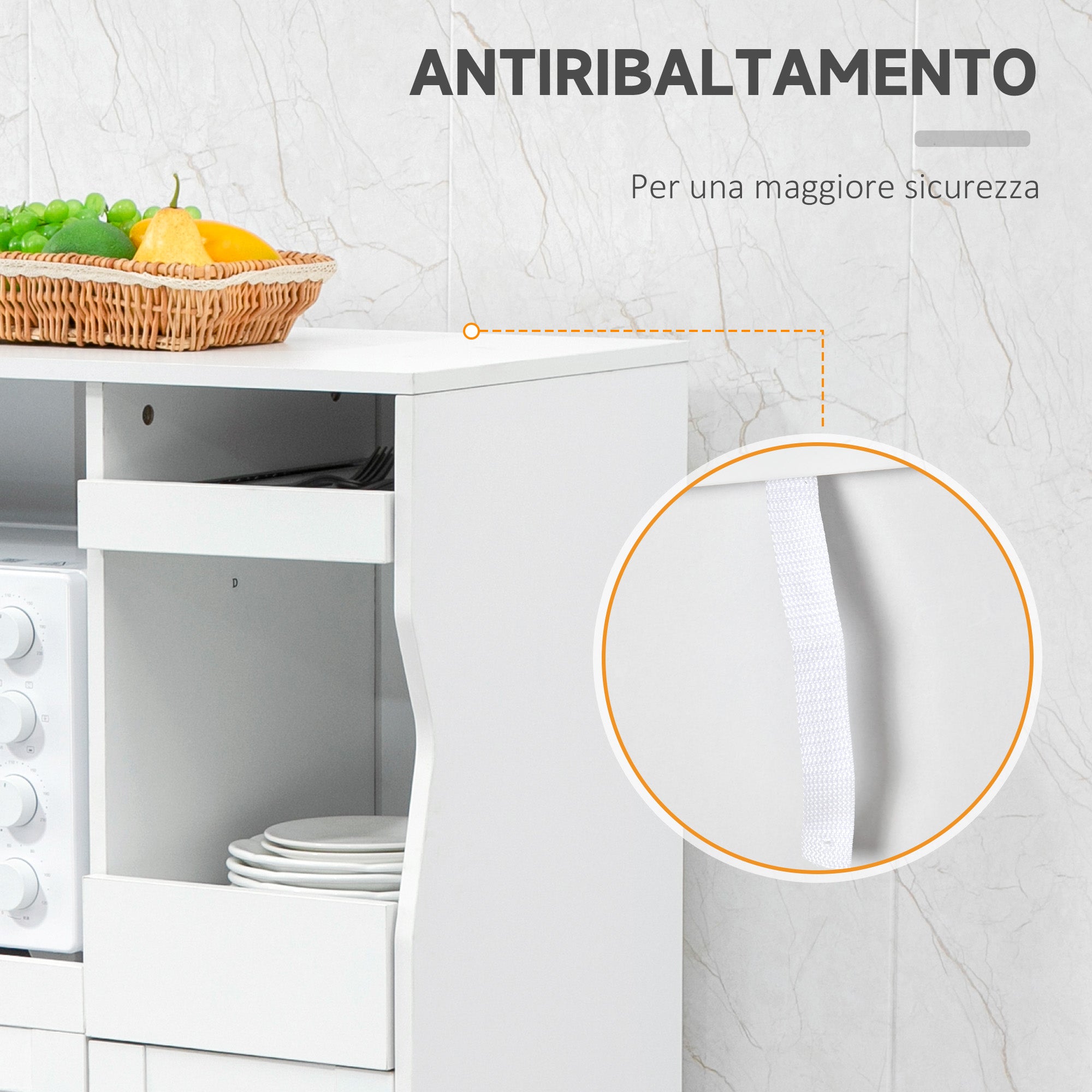 Space-Saving Kitchen Cabinet with 2 Cabinets and Drawer and Pull-Out Shelves, Microwave Stand with Adjustable Shelves in Wood, 84x39x109 cm, White