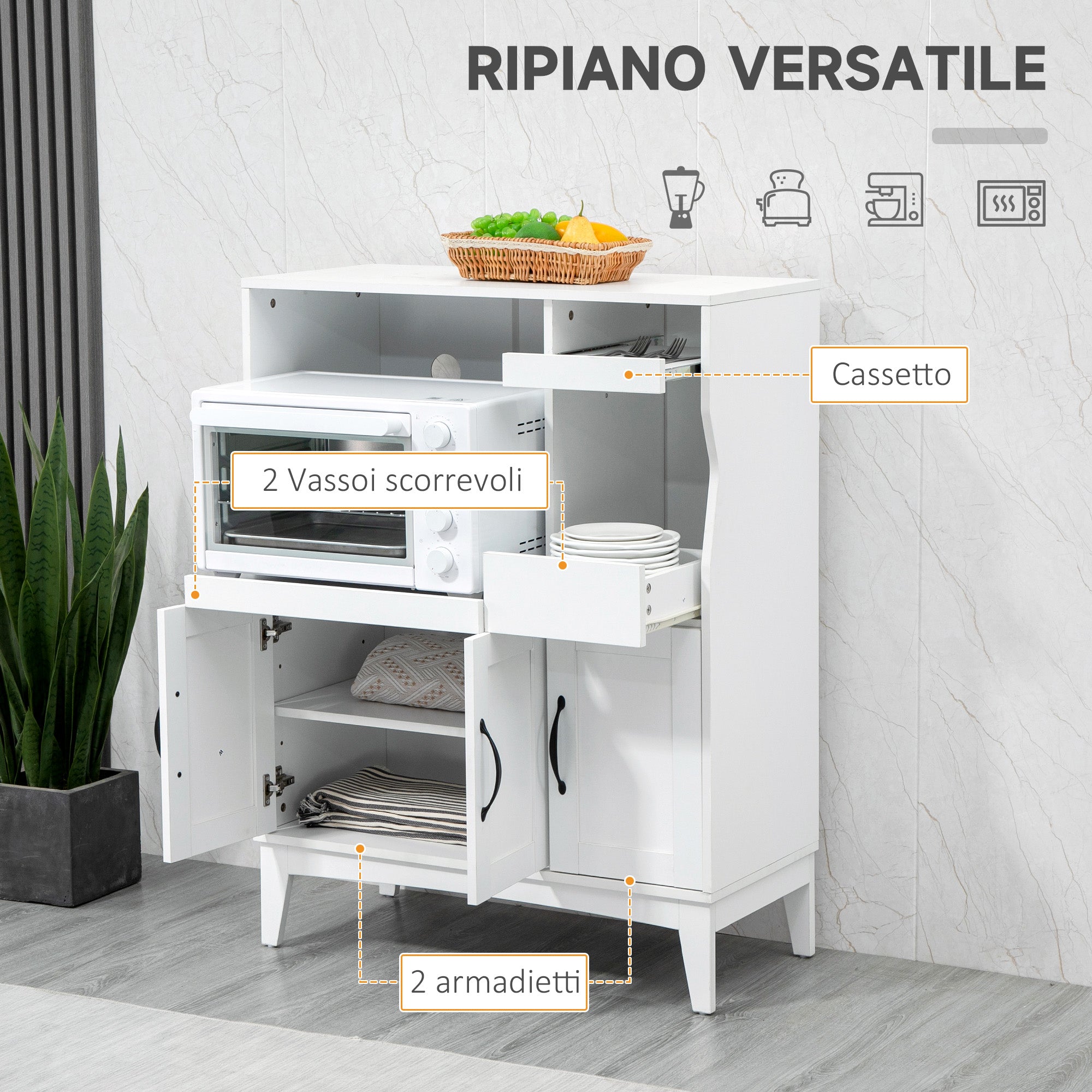 Space-Saving Kitchen Cabinet with 2 Cabinets and Drawer and Pull-Out Shelves, Microwave Stand with Adjustable Shelves in Wood, 84x39x109 cm, White