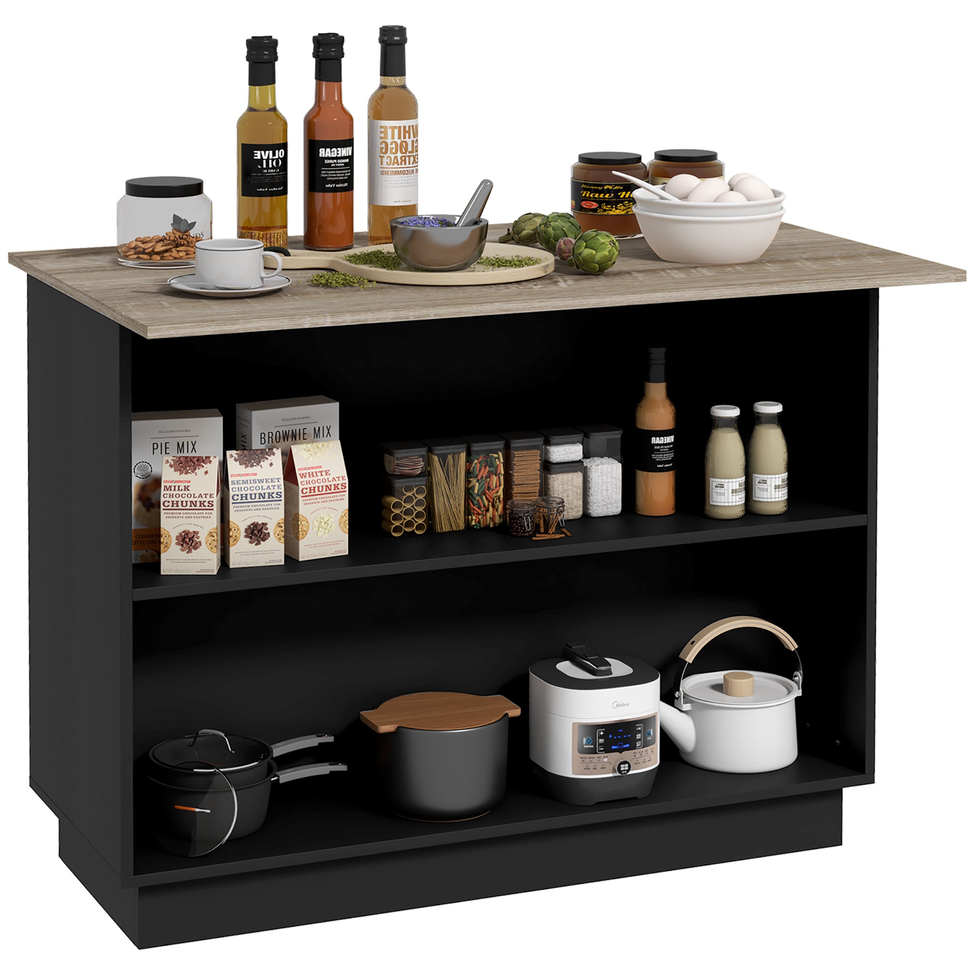 Kitchen Island Kitchen Cart with 2 Open Shelves 2 Doors and Adjustable Shelves Modern Style 100 kg Capacity 105x60x82 cm Black and Oak