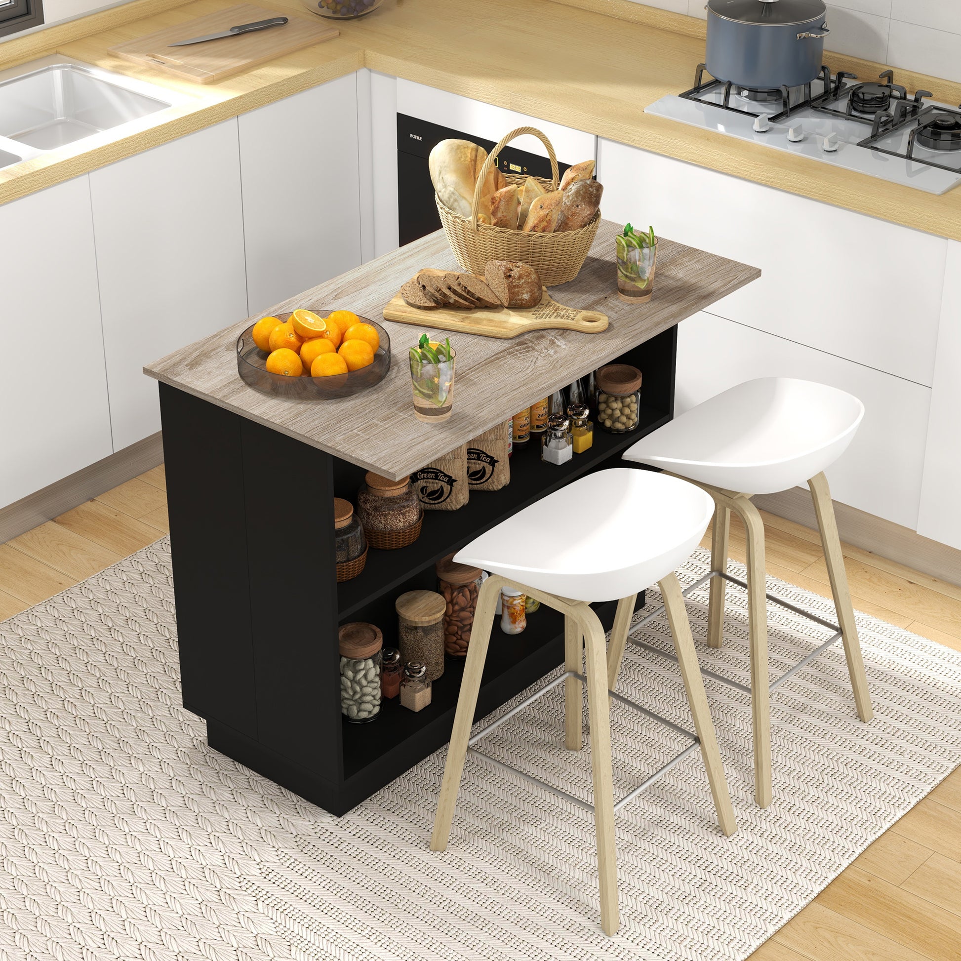 Kitchen Island Kitchen Cart with 2 Open Shelves 2 Doors and Adjustable Shelves Modern Style 100 kg Capacity 105x60x82 cm Black and Oak