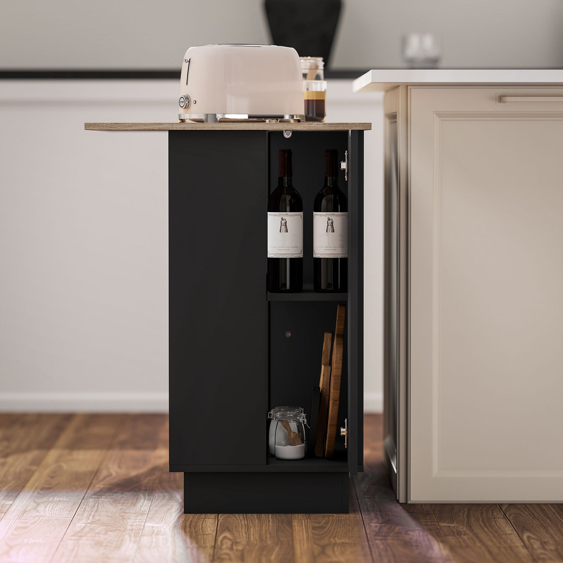 Kitchen Island Kitchen Cart with 2 Open Shelves 2 Doors and Adjustable Shelves Modern Style 100 kg Capacity 105x60x82 cm Black and Oak