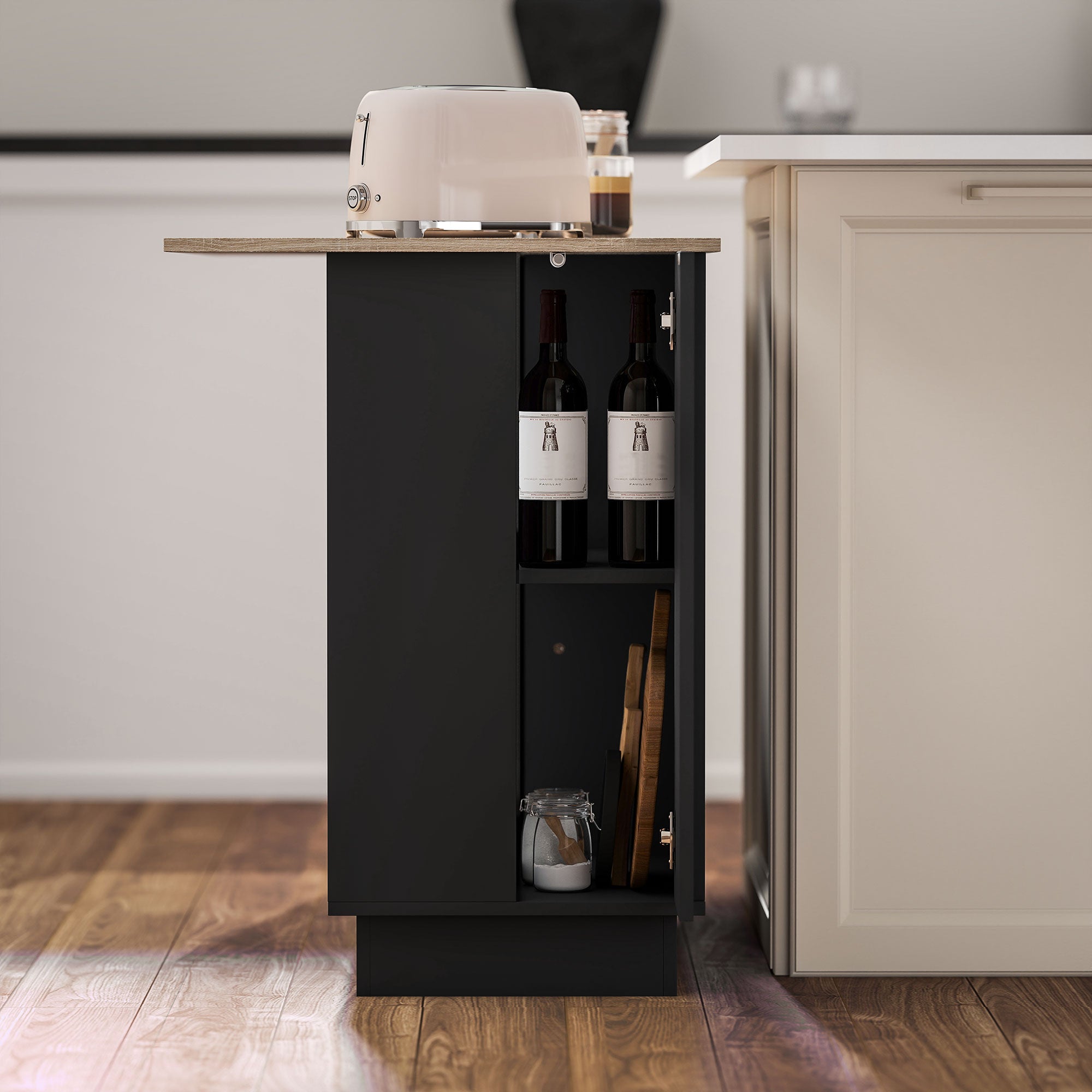Kitchen Island Kitchen Cart with 2 Open Shelves 2 Doors and Adjustable Shelves Modern Style 100 kg Capacity 105x60x82 cm Black and Oak