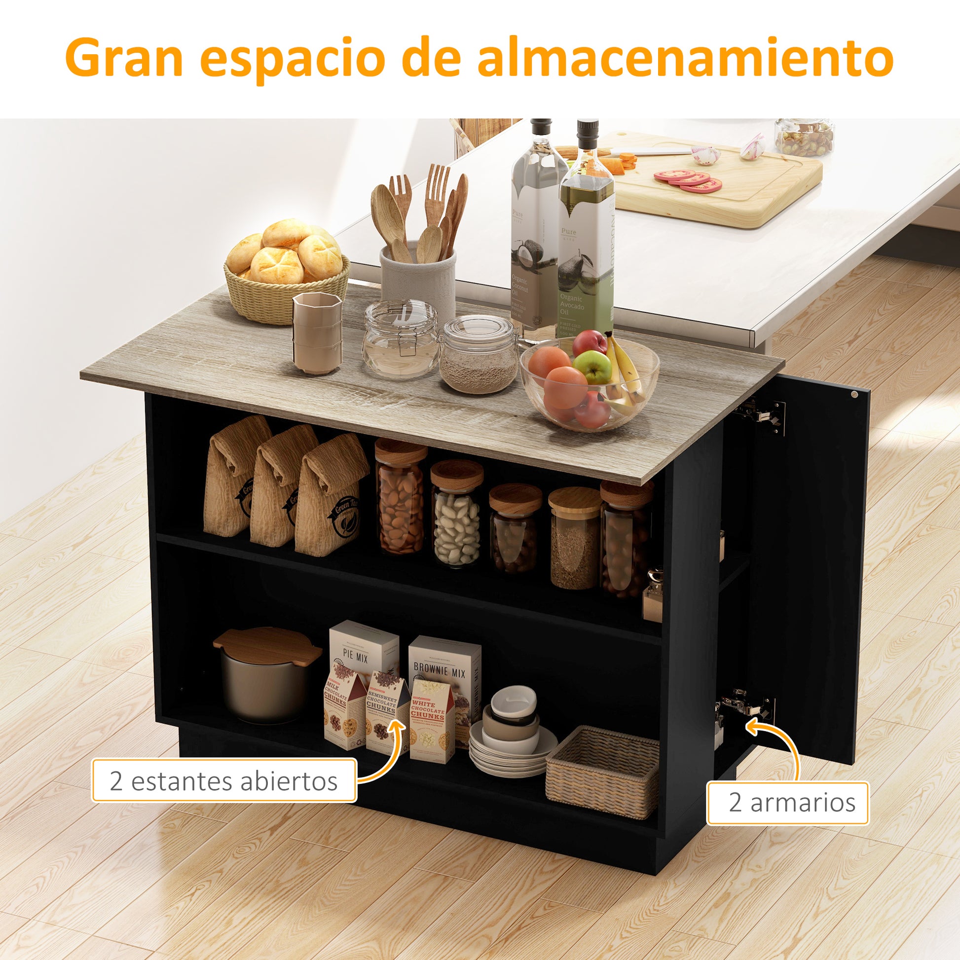 Kitchen Island Kitchen Cart with 2 Open Shelves 2 Doors and Adjustable Shelves Modern Style 100 kg Capacity 105x60x82 cm Black and Oak