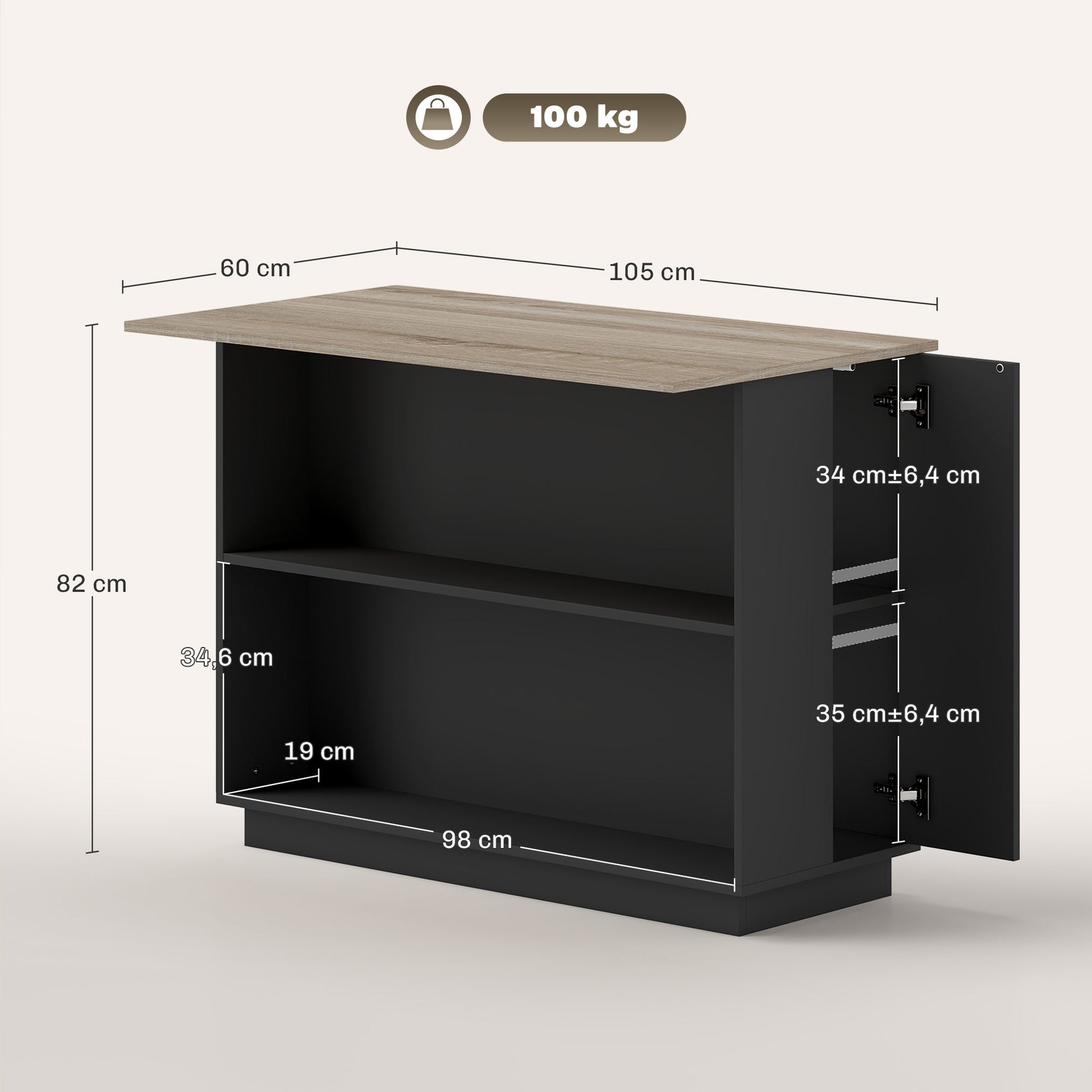 Kitchen Island Kitchen Cart with 2 Open Shelves 2 Doors and Adjustable Shelves Modern Style 100 kg Capacity 105x60x82 cm Black and Oak