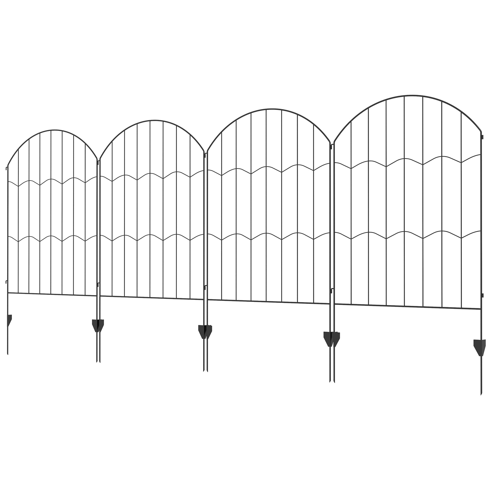 4-Panel Garden Fence with 8 Ground Stakes, Outdoor Steel Fence, 348x110 cm, Black