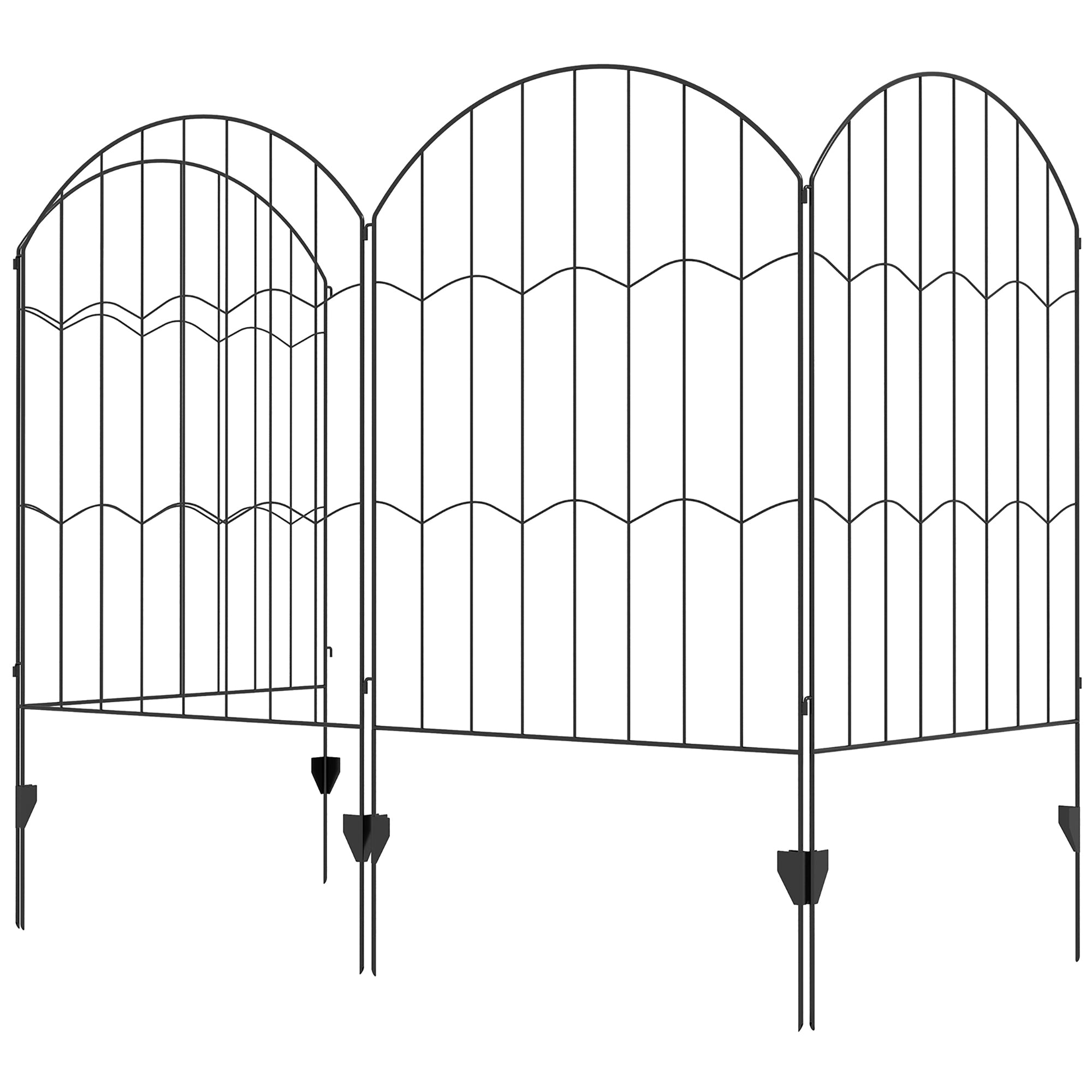 4-Panel Garden Fence with 8 Ground Stakes, Outdoor Steel Fence, 348x110 cm, Black