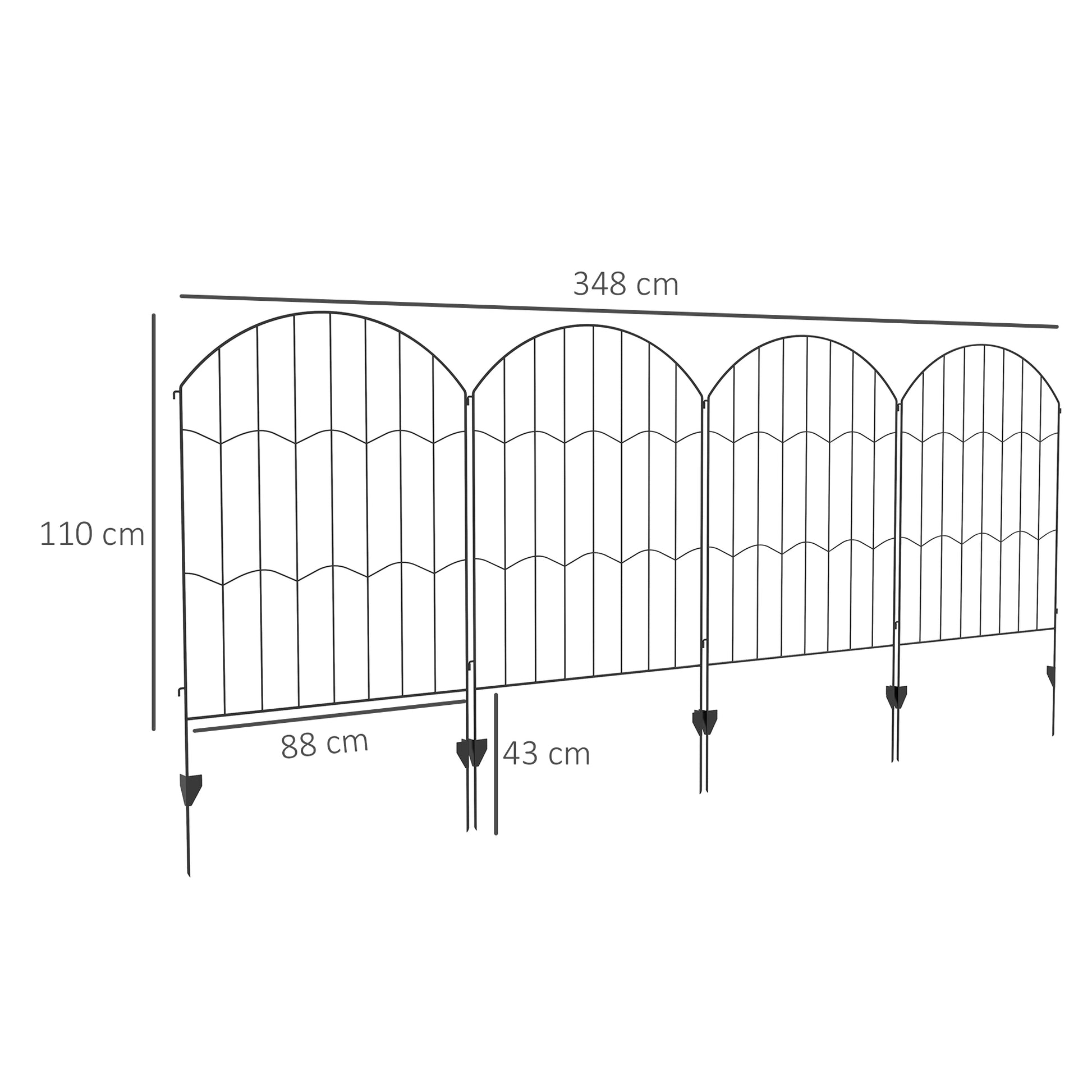 4-Panel Garden Fence with 8 Ground Stakes, Outdoor Steel Fence, 348x110 cm, Black