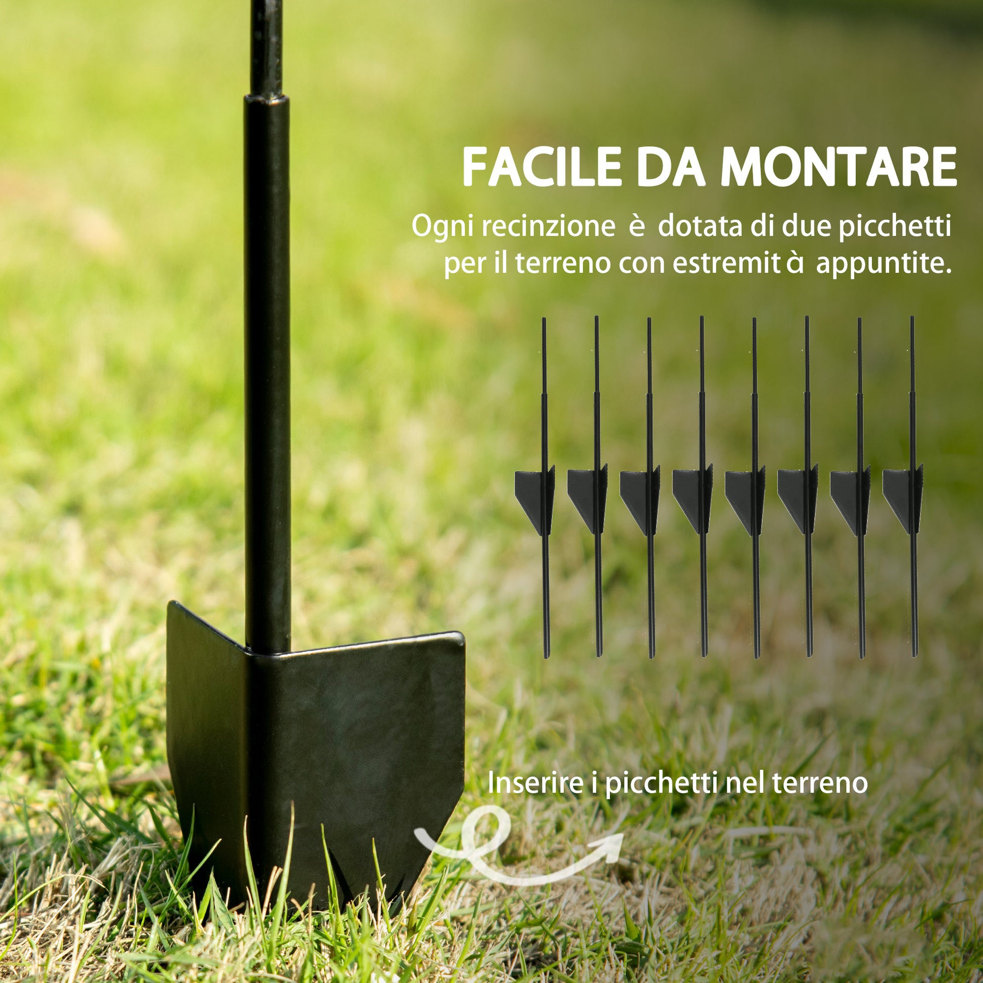 4-Panel Garden Fence with 8 Ground Stakes, Outdoor Steel Fence, 348x110 cm, Black