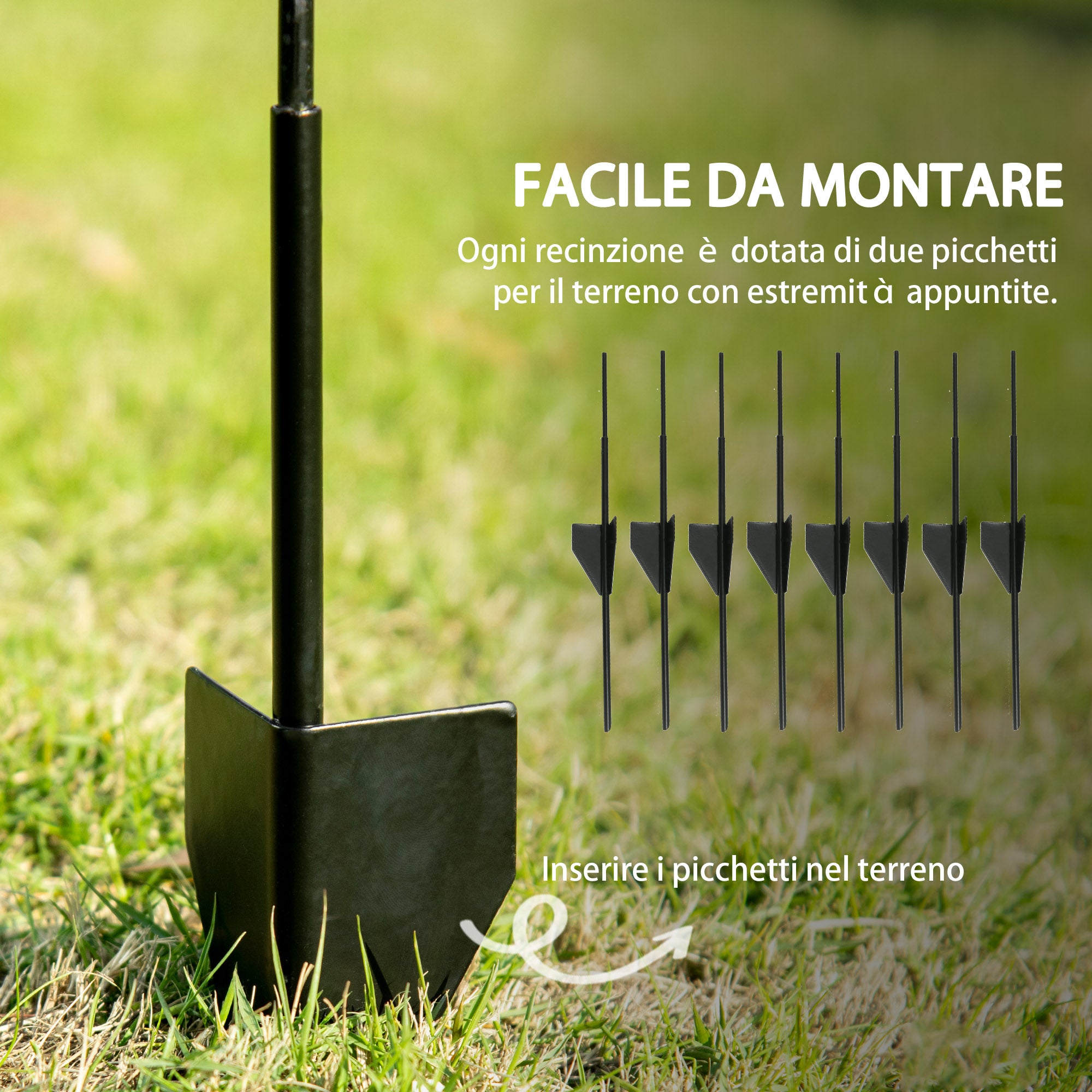 4-Panel Garden Fence with 8 Ground Stakes, Outdoor Steel Fence, 348x110 cm, Black