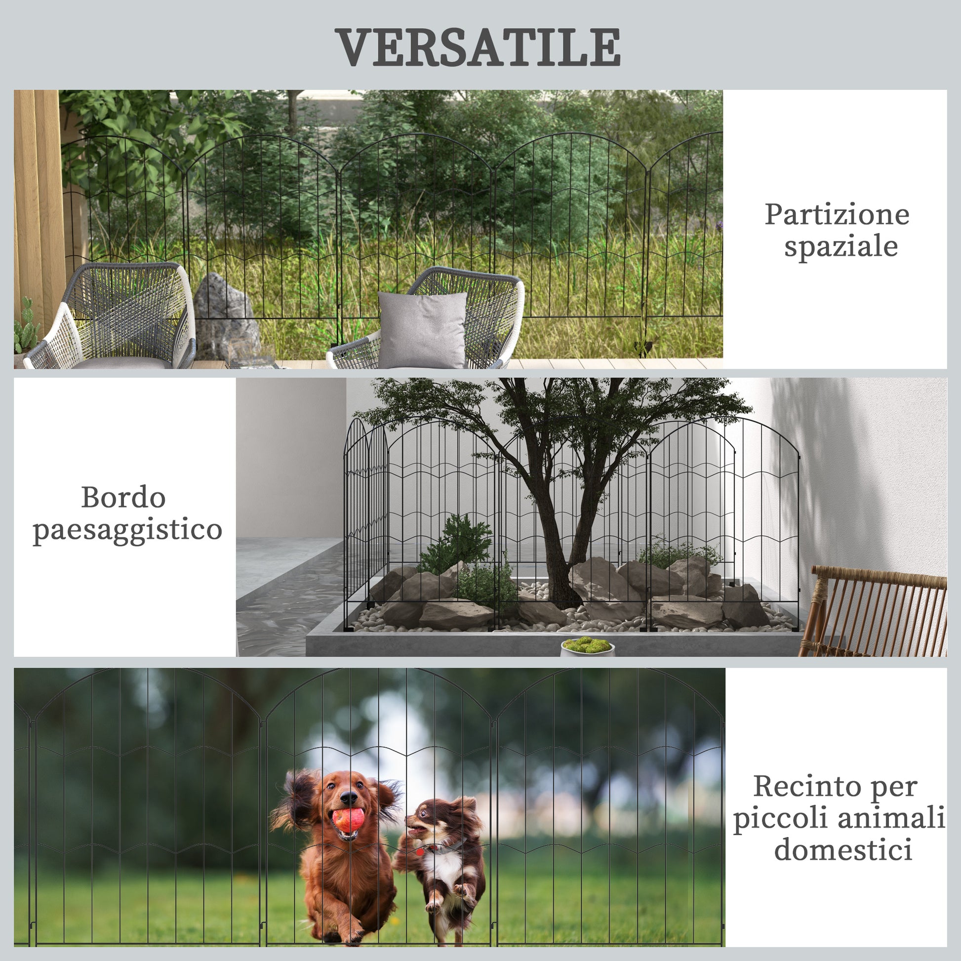 4-Panel Garden Fence with 8 Ground Stakes, Outdoor Steel Fence, 348x110 cm, Black