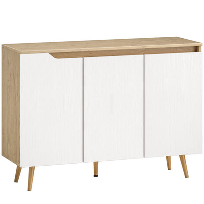 Sideboard Cabinet, 3 Doors, 2 Adjustable Shelves, 5 Hevea Rubberwood Legs, Rustic Oak & White, 107 x 35 x 76.5 cm (42.1 x 13.8 x 30.1 in)