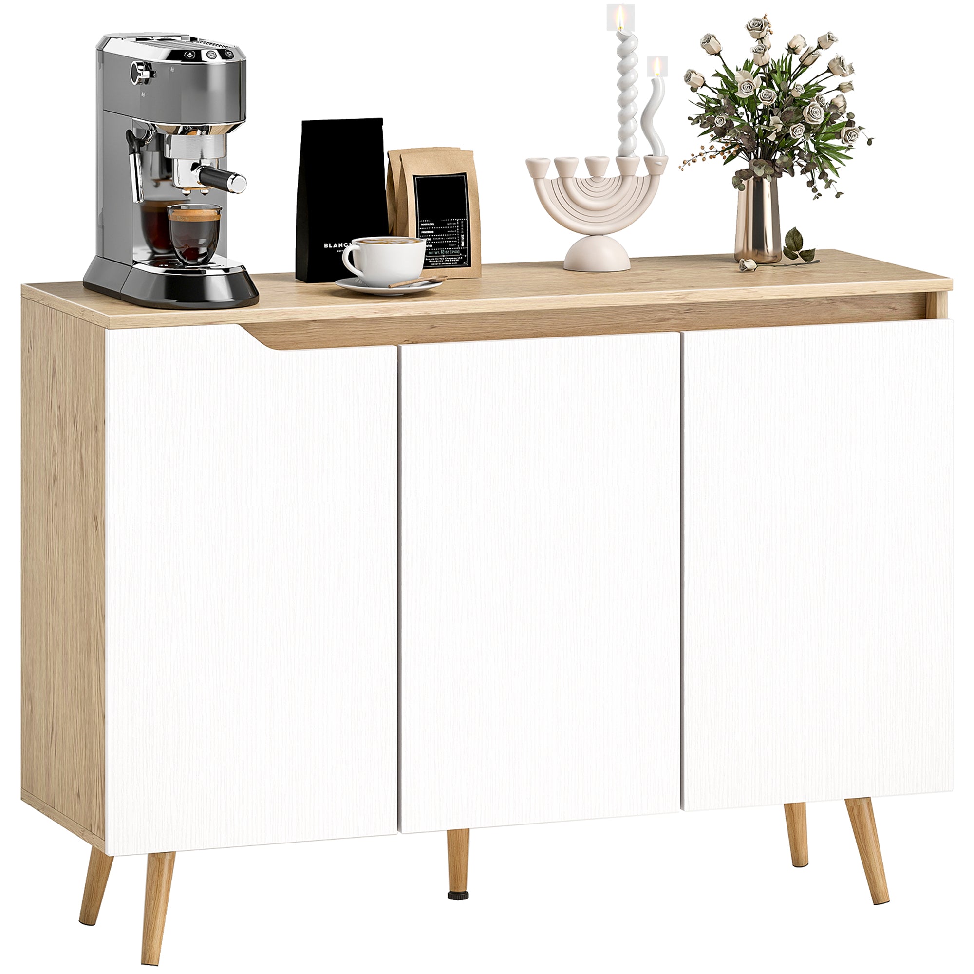 Sideboard Cabinet, 3 Doors, 2 Adjustable Shelves, 5 Hevea Rubberwood Legs, Rustic Oak & White, 107 x 35 x 76.5 cm (42.1 x 13.8 x 30.1 in)