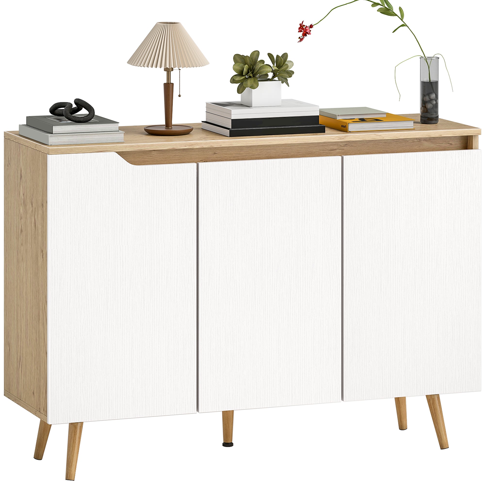 Sideboard Cabinet, 3 Doors, 2 Adjustable Shelves, 5 Hevea Rubberwood Legs, Rustic Oak & White, 107 x 35 x 76.5 cm (42.1 x 13.8 x 30.1 in)