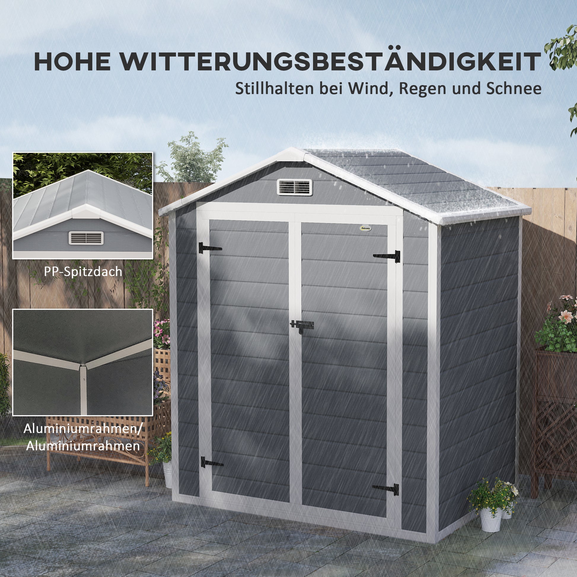 Tool Shed 2.12m² 183x134x210 cm Equipment Shed with Gable Roof Lockable Door Windows Floor Plate Weatherproof Garden House Outdoor Garden Shed Cabinet for Backyard Exterior Gray