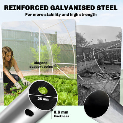 3×4×2 m Tunnel Garden Greenhouse with 2 Roll-Up Doors — Steel Frame, UV-Resistant PE Cover, 4 Diagonal Braces, Transparent