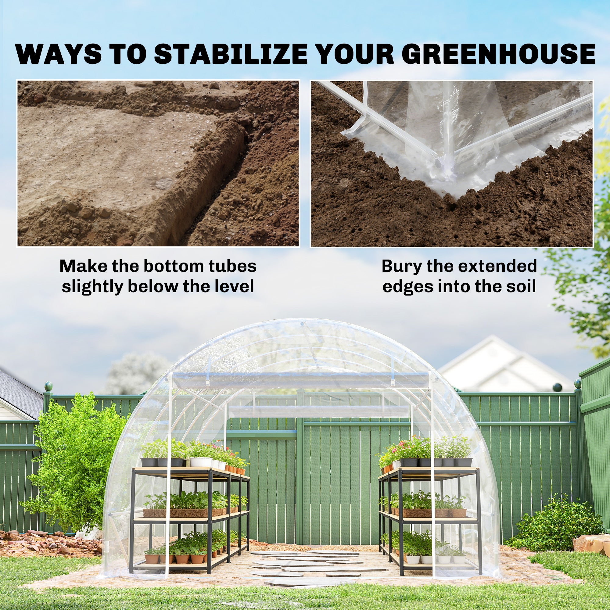 3×4×2 m Tunnel Garden Greenhouse with 2 Roll-Up Doors — Steel Frame, UV-Resistant PE Cover, 4 Diagonal Braces, Transparent