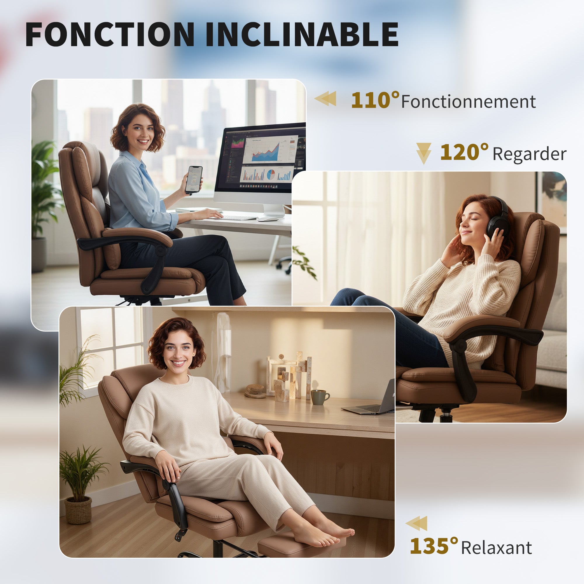 Ergonomic Office Chair with Footrest — Adjustable Height, Lumbar Support, 360° Swivel, Pet-Friendly PU Leather, Brown