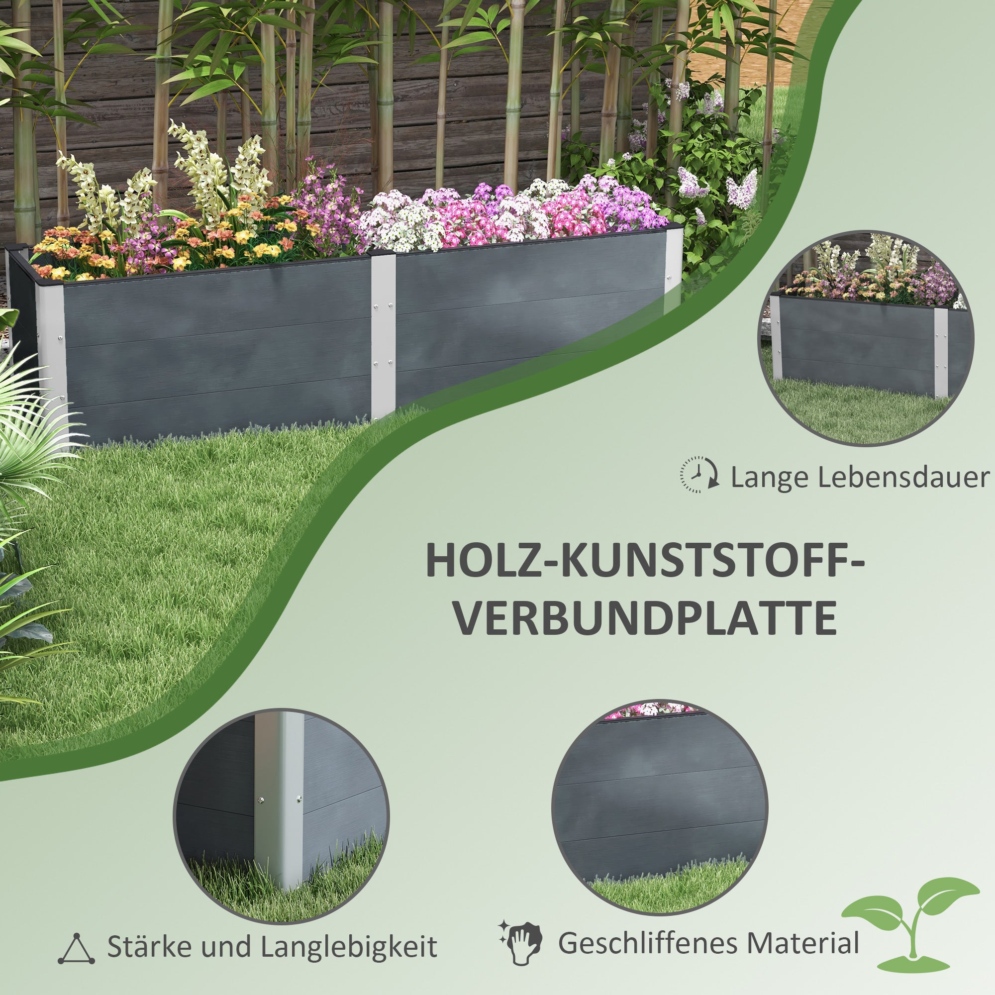 Raised Garden Bed, Flower Box, Planter Box, Vegetable Bed with Open Bottom, Herb Bed for Garden, Balcony, Gray, 200 x 50 x 56 cm