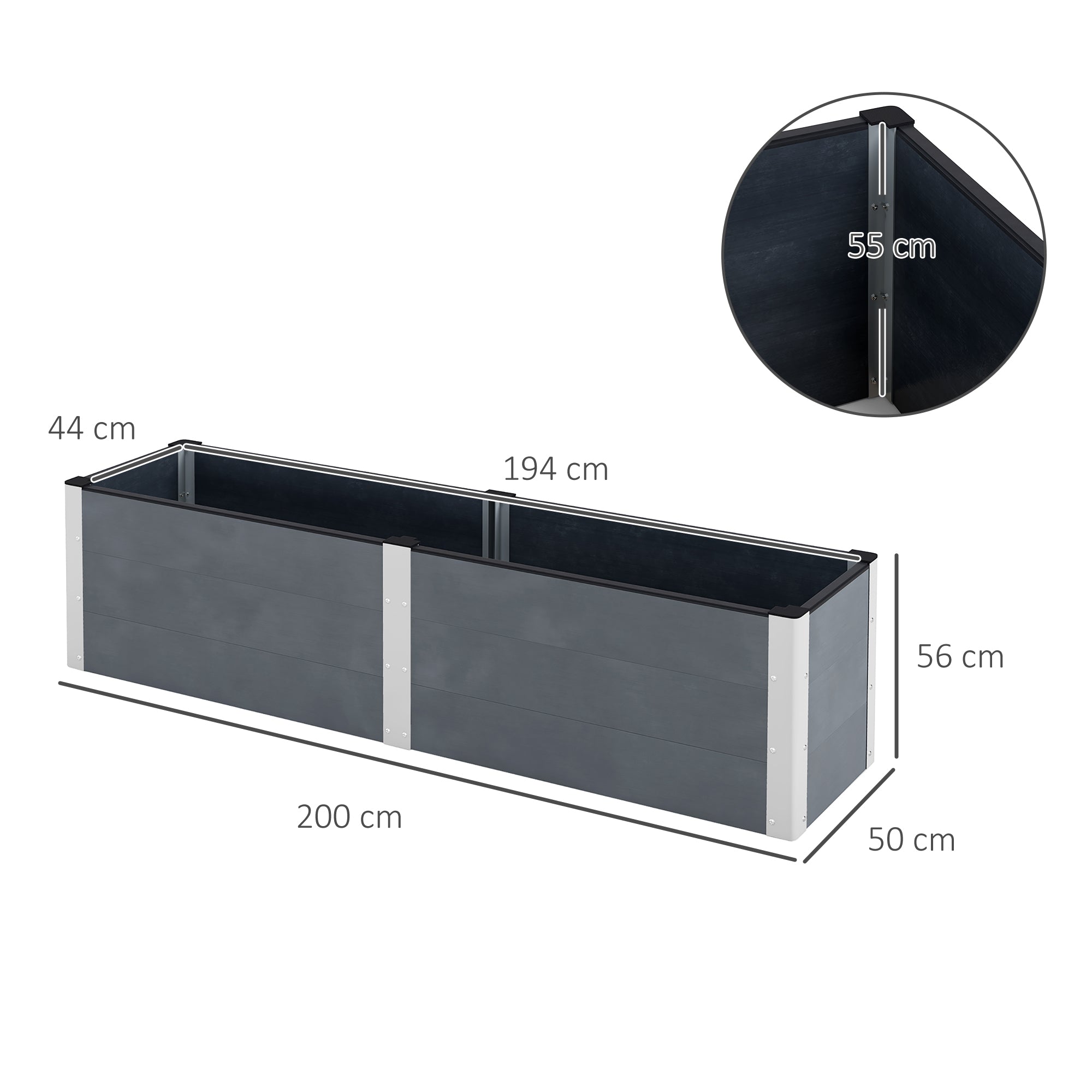 Raised Garden Bed, Flower Box, Planter Box, Vegetable Bed with Open Bottom, Herb Bed for Garden, Balcony, Gray, 200 x 50 x 56 cm