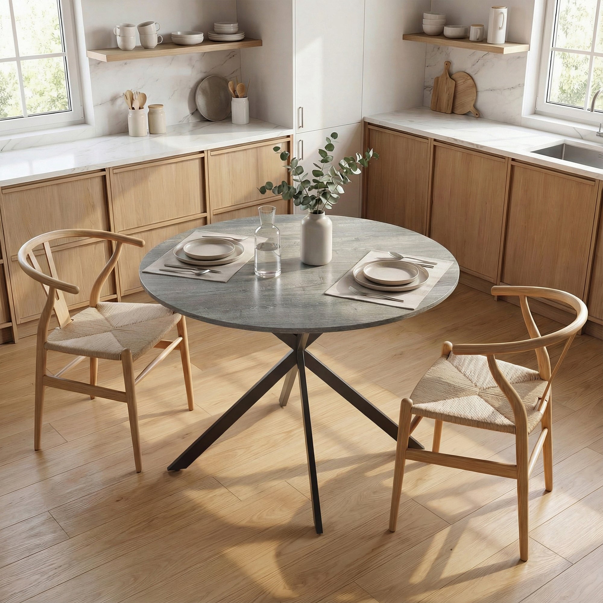Round Dining Table for 4, 39.4" (100 cm) Industrial Style with Steel X-Legs, Gray