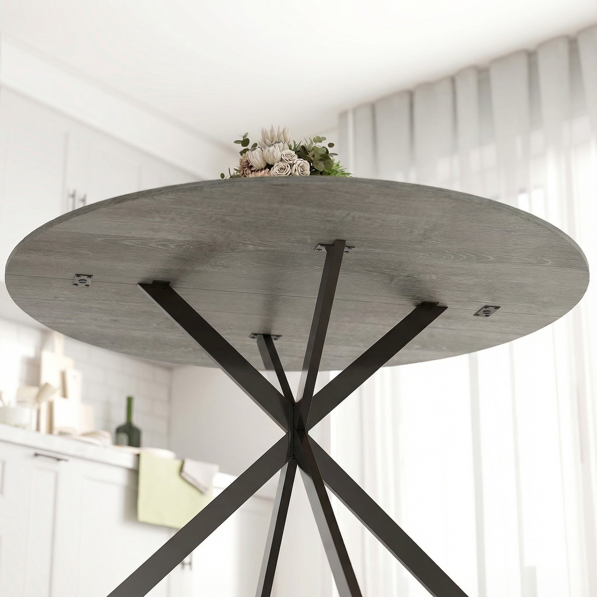 Round Dining Table for 4, 39.4" (100 cm) Industrial Style with Steel X-Legs, Gray