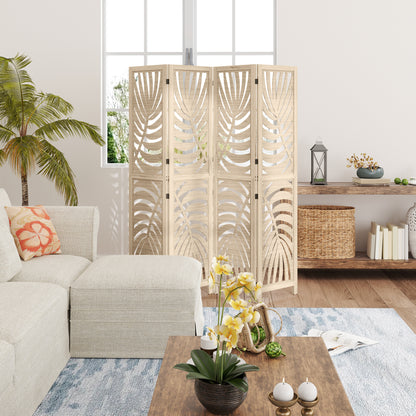 Indoor Wooden 4 Panel Room Divider 160 x 170 cm Foldable and Portable Privacy Screen, Leaf Pattern, Removable Divider for Living Room Bedroom Home, Natural Wood