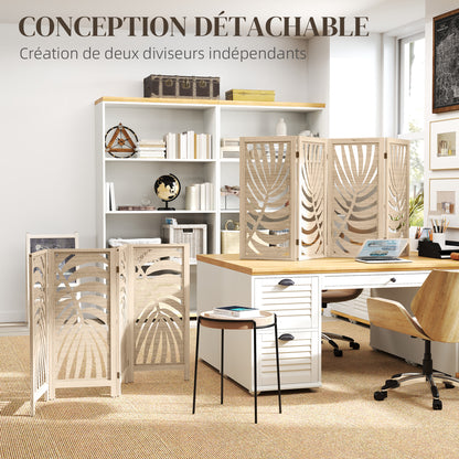 Indoor Wooden 4 Panel Room Divider 160 x 170 cm Foldable and Portable Privacy Screen, Leaf Pattern, Removable Divider for Living Room Bedroom Home, Natural Wood