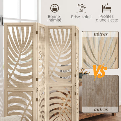 Indoor Wooden 4 Panel Room Divider 160 x 170 cm Foldable and Portable Privacy Screen, Leaf Pattern, Removable Divider for Living Room Bedroom Home, Natural Wood