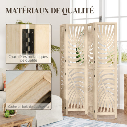 Indoor Wooden 4 Panel Room Divider 160 x 170 cm Foldable and Portable Privacy Screen, Leaf Pattern, Removable Divider for Living Room Bedroom Home, Natural Wood