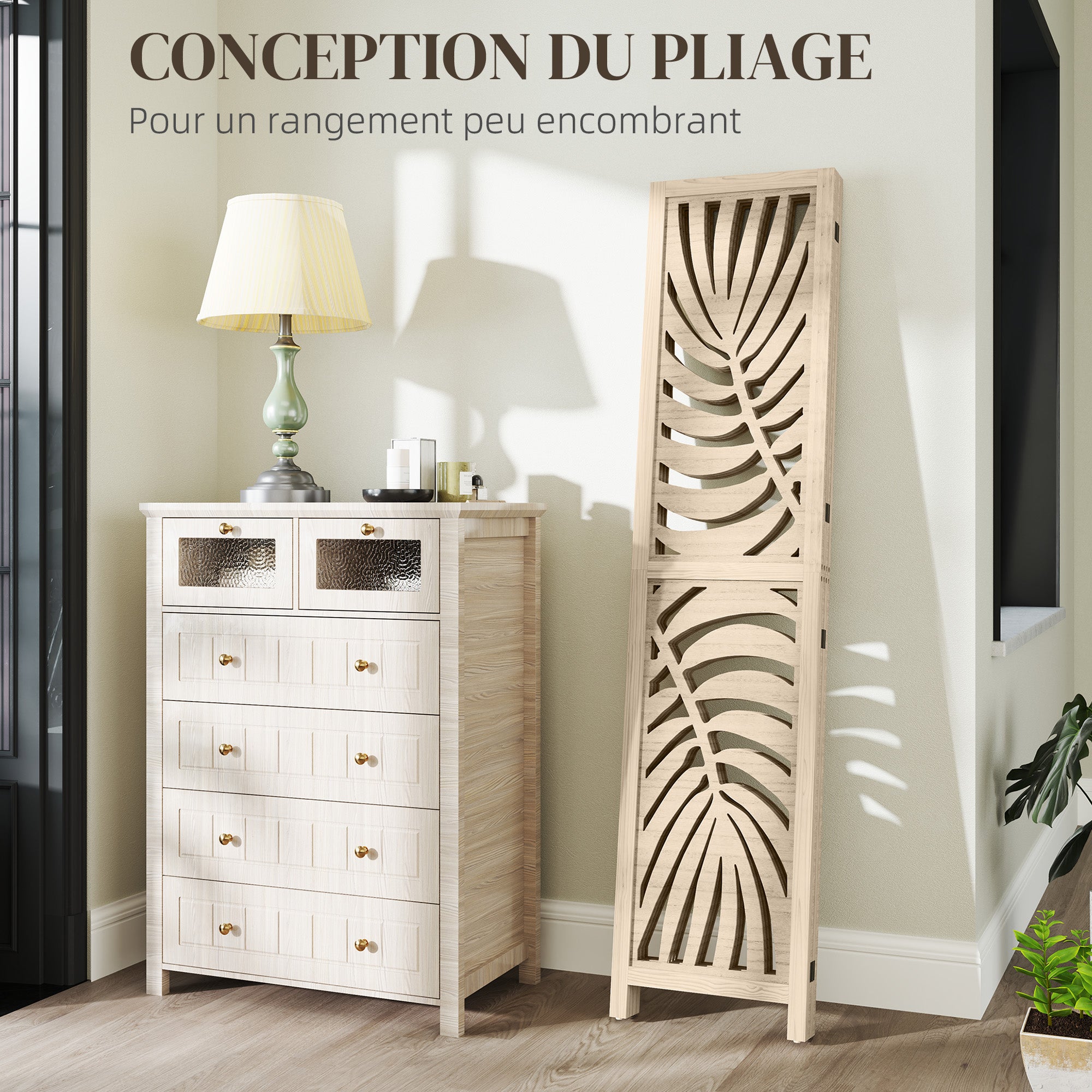 Indoor Wooden 4 Panel Room Divider 160 x 170 cm Foldable and Portable Privacy Screen, Leaf Pattern, Removable Divider for Living Room Bedroom Home, Natural Wood