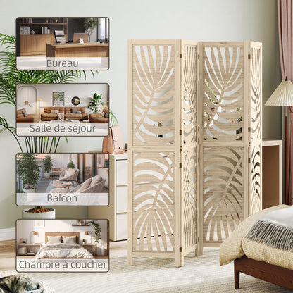 Indoor Wooden 4 Panel Room Divider 160 x 170 cm Foldable and Portable Privacy Screen, Leaf Pattern, Removable Divider for Living Room Bedroom Home, Natural Wood