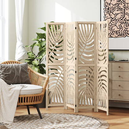 Indoor Wooden 4 Panel Room Divider 160 x 170 cm Foldable and Portable Privacy Screen, Leaf Pattern, Removable Divider for Living Room Bedroom Home, Natural Wood