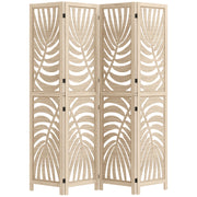 Indoor Wooden 4 Panel Room Divider 160 x 170 cm Foldable and Portable Privacy Screen, Leaf Pattern, Removable Divider for Living Room Bedroom Home, Natural Wood