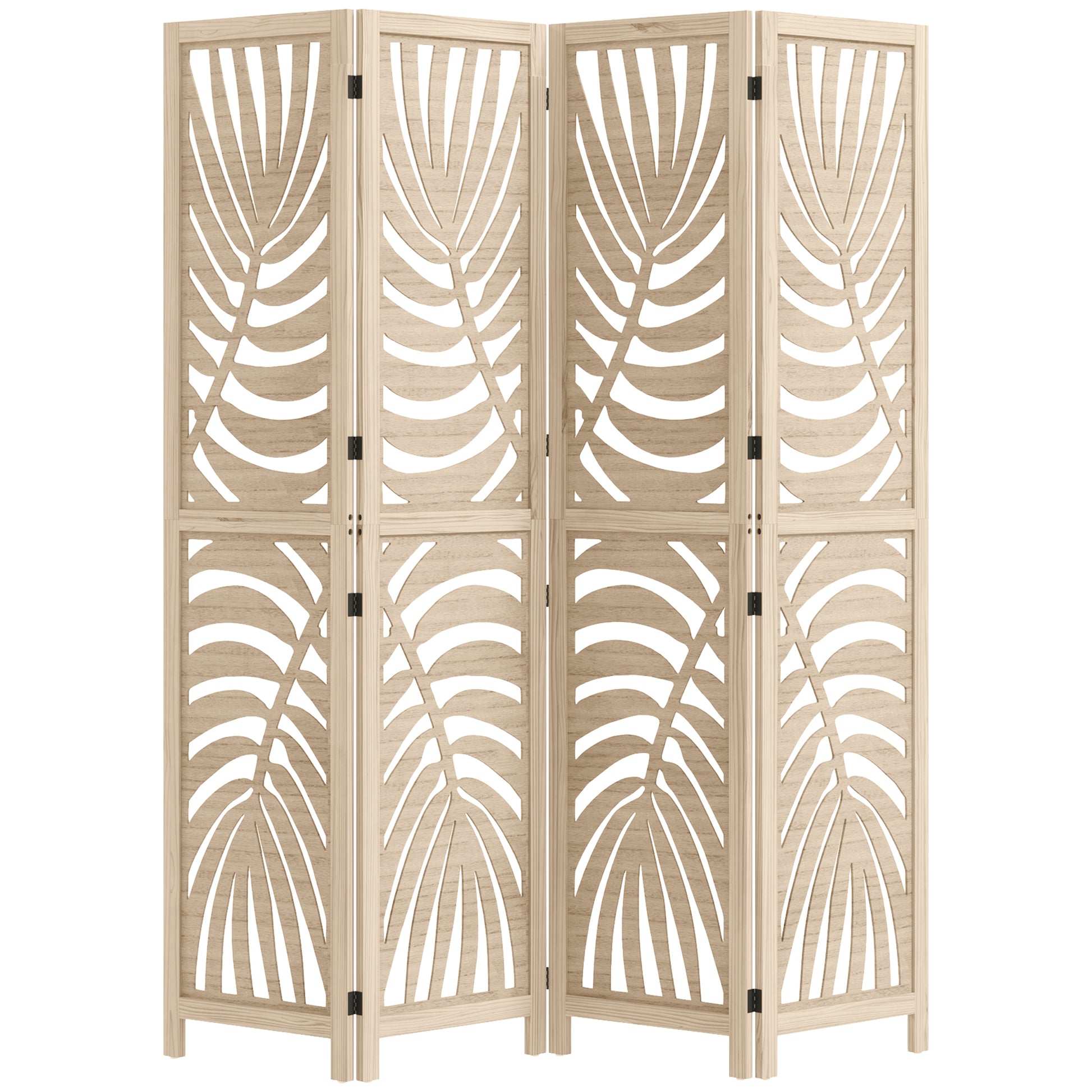 Indoor Wooden 4 Panel Room Divider 160 x 170 cm Foldable and Portable Privacy Screen, Leaf Pattern, Removable Divider for Living Room Bedroom Home, Natural Wood