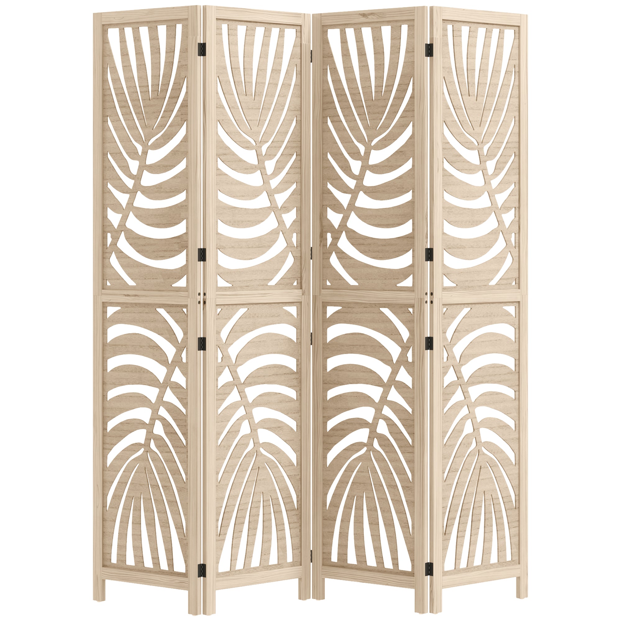 Indoor Wooden 4 Panel Room Divider 160 x 170 cm Foldable and Portable Privacy Screen, Leaf Pattern, Removable Divider for Living Room Bedroom Home, Natural Wood