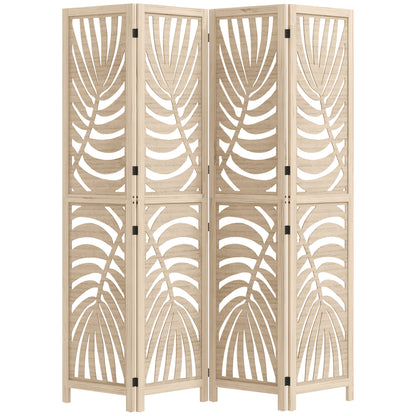 Indoor Wooden 4 Panel Room Divider 160 x 170 cm Foldable and Portable Privacy Screen, Leaf Pattern, Removable Divider for Living Room Bedroom Home, Natural Wood