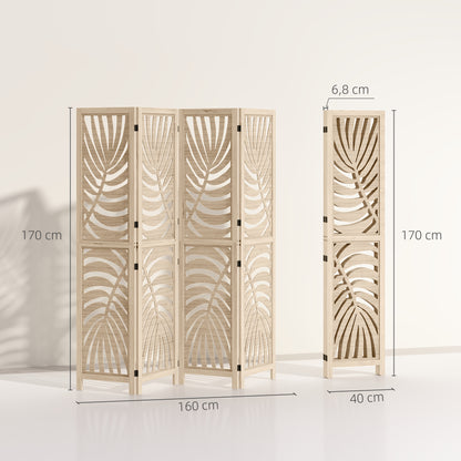 Indoor Wooden 4 Panel Room Divider 160 x 170 cm Foldable and Portable Privacy Screen, Leaf Pattern, Removable Divider for Living Room Bedroom Home, Natural Wood