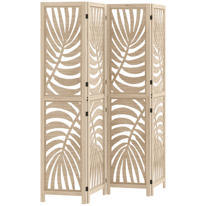 Indoor Wooden 4 Panel Room Divider 160 x 170 cm Foldable and Portable Privacy Screen, Leaf Pattern, Removable Divider for Living Room Bedroom Home, Natural Wood