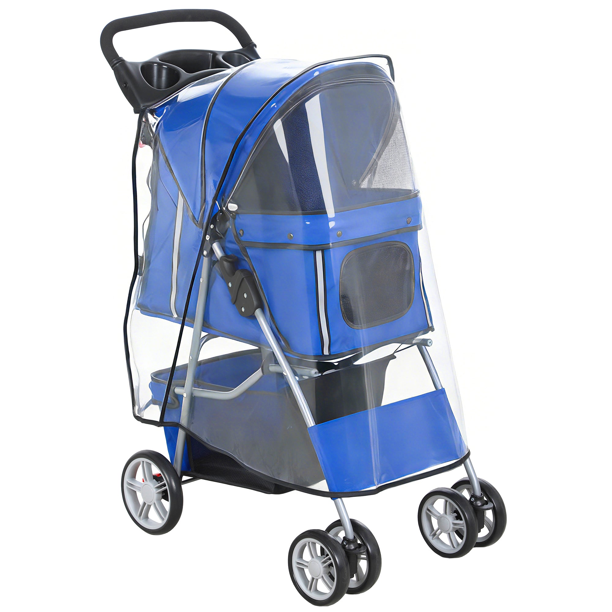 Foldable Dog Stroller — Rain Cover, Reflective Strips, 360° Swivel Wheels, Brakes, Washable Cushion — Blue