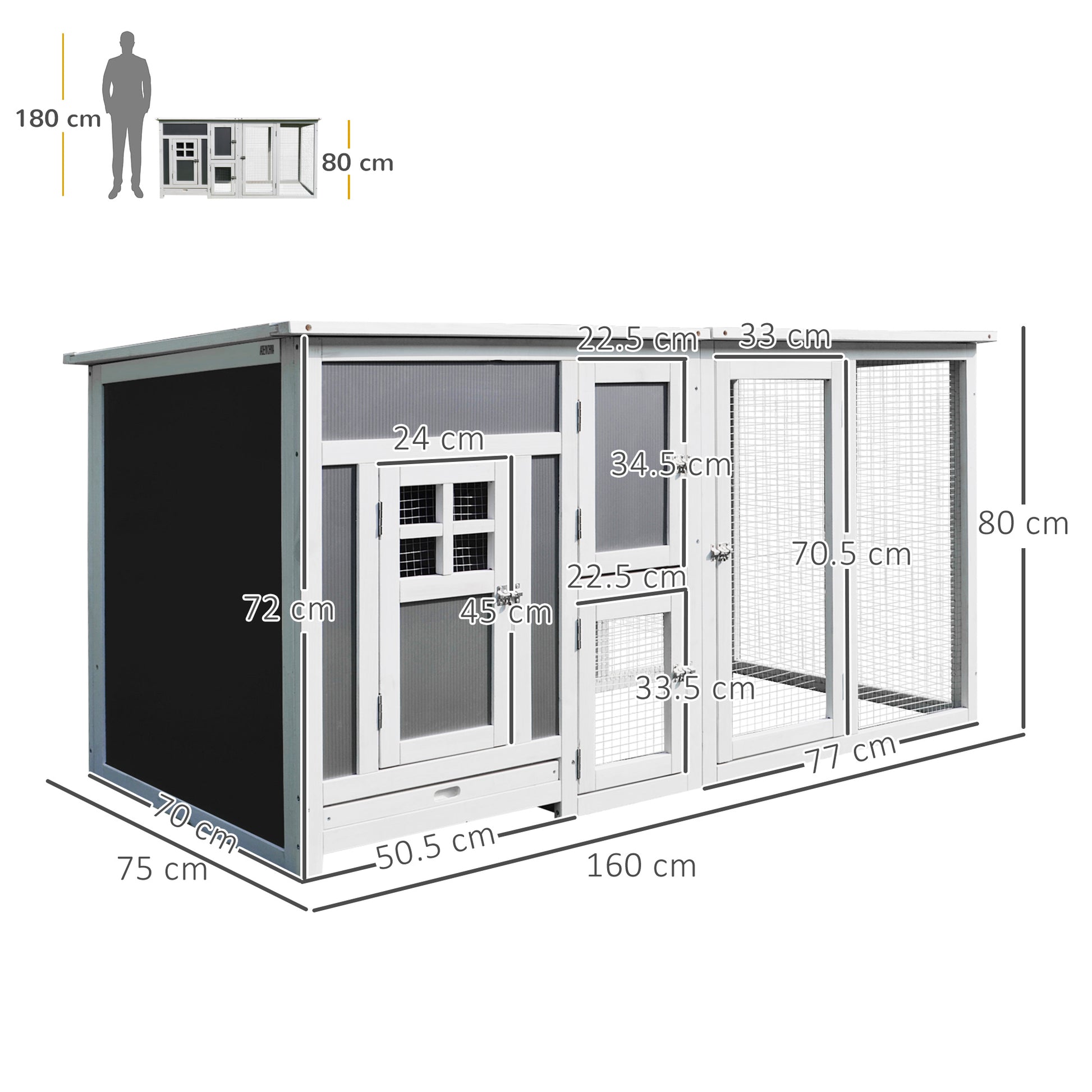 Chicken Coop for Egg-Laying Hens with Waterproof Roof and Run Area, Nesting in Wood, 160x75x80 cm, Gray and White
