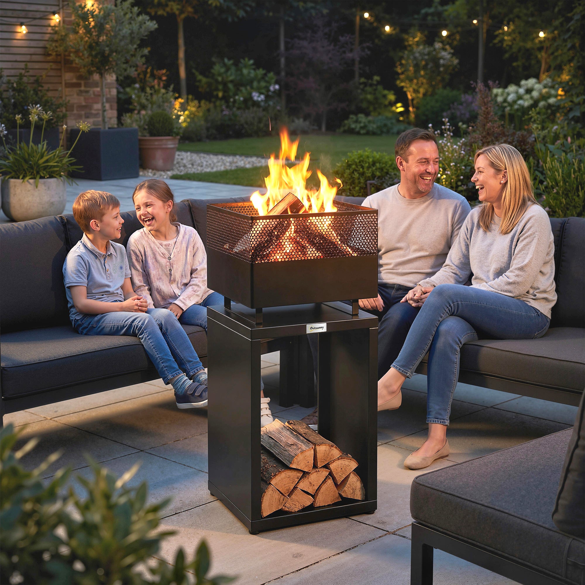 Fire Pit Tower with Wood Storage, 15.4 x 15.4 x 34.3 in — Coal Grate & Adjustable Feet, Black