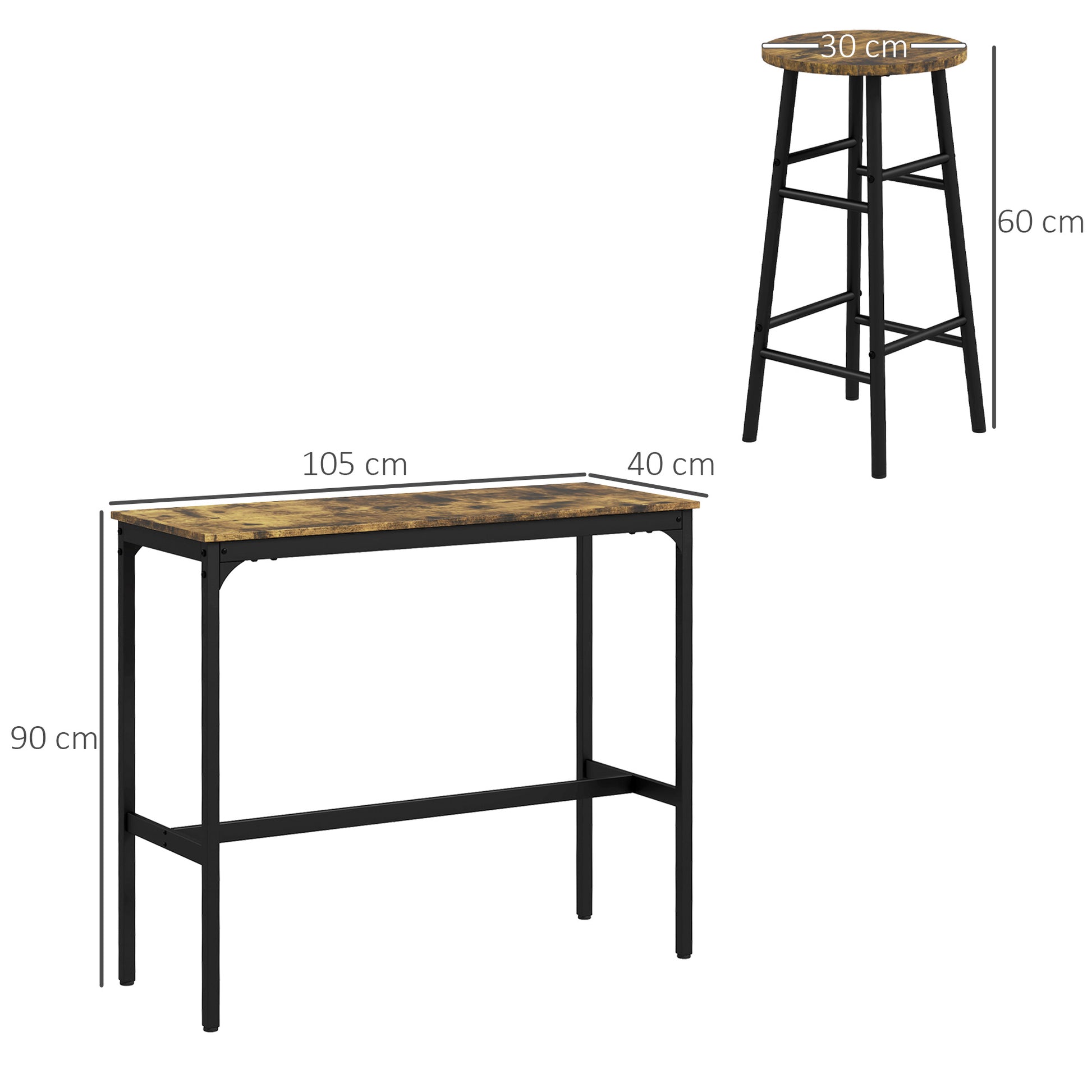 Rectangular Table Set for 4 with Chairs, 4 Footstools in MDF and Steel, Footstools Ø30x60 cm and Rectangular Table 105x40x90 cm, Black and Rustic Brown