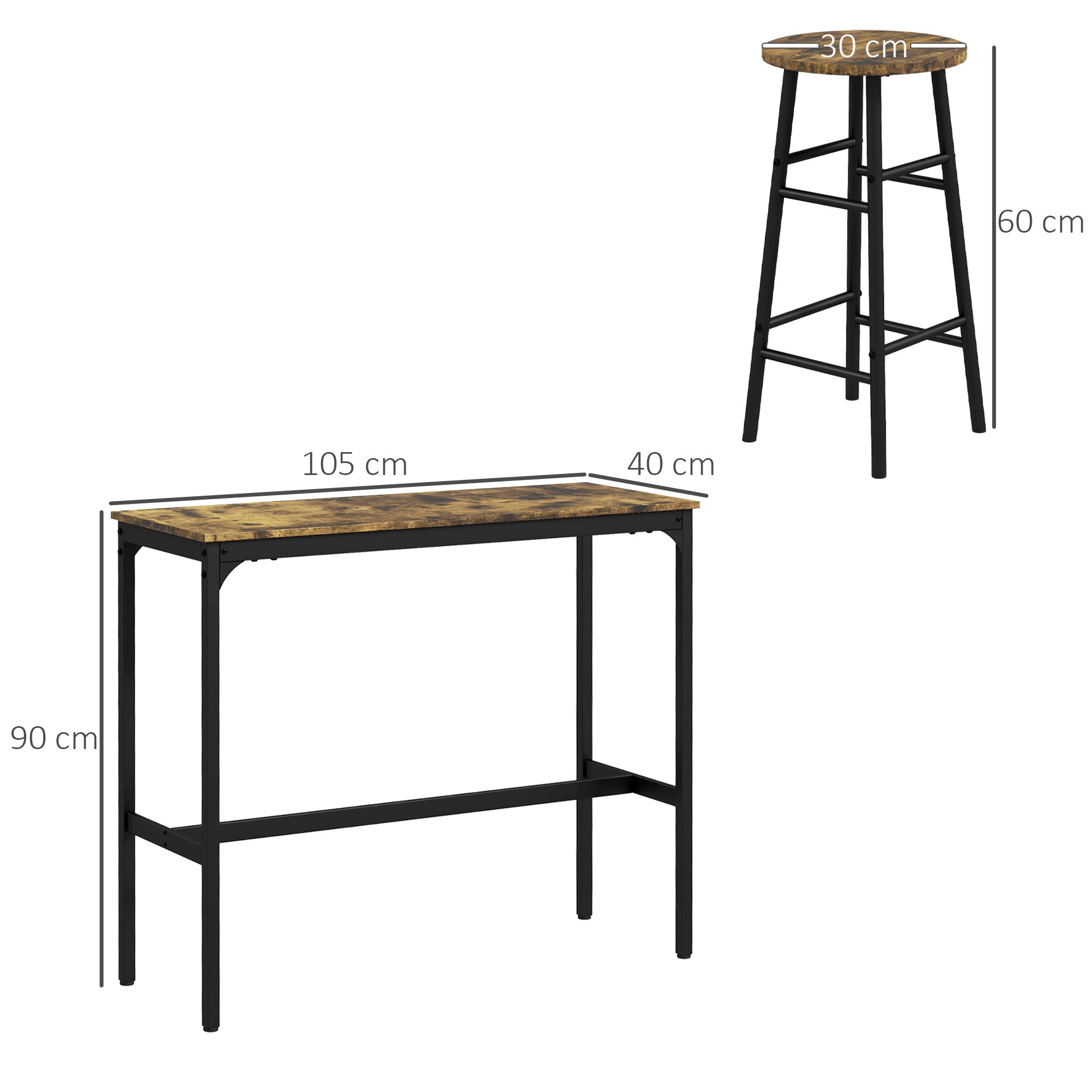 Rectangular Table Set for 4 with Chairs, 4 Footstools in MDF and Steel, Footstools Ø30x60 cm and Rectangular Table 105x40x90 cm, Black and Rustic Brown