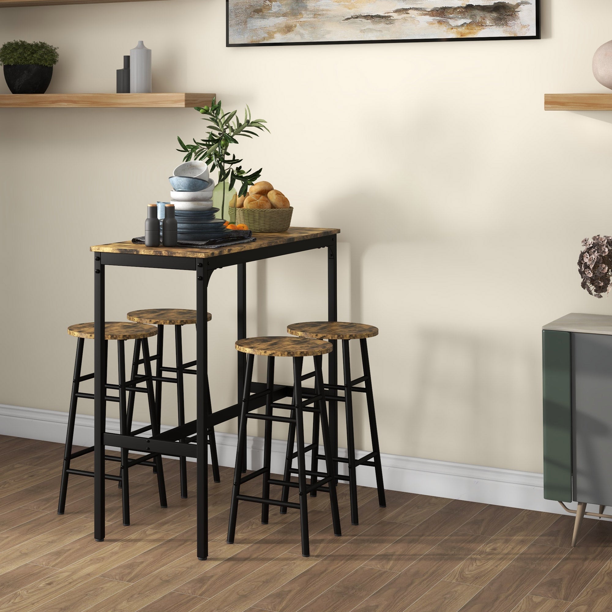 Rectangular Table Set for 4 with Chairs, 4 Footstools in MDF and Steel, Footstools Ø30x60 cm and Rectangular Table 105x40x90 cm, Black and Rustic Brown