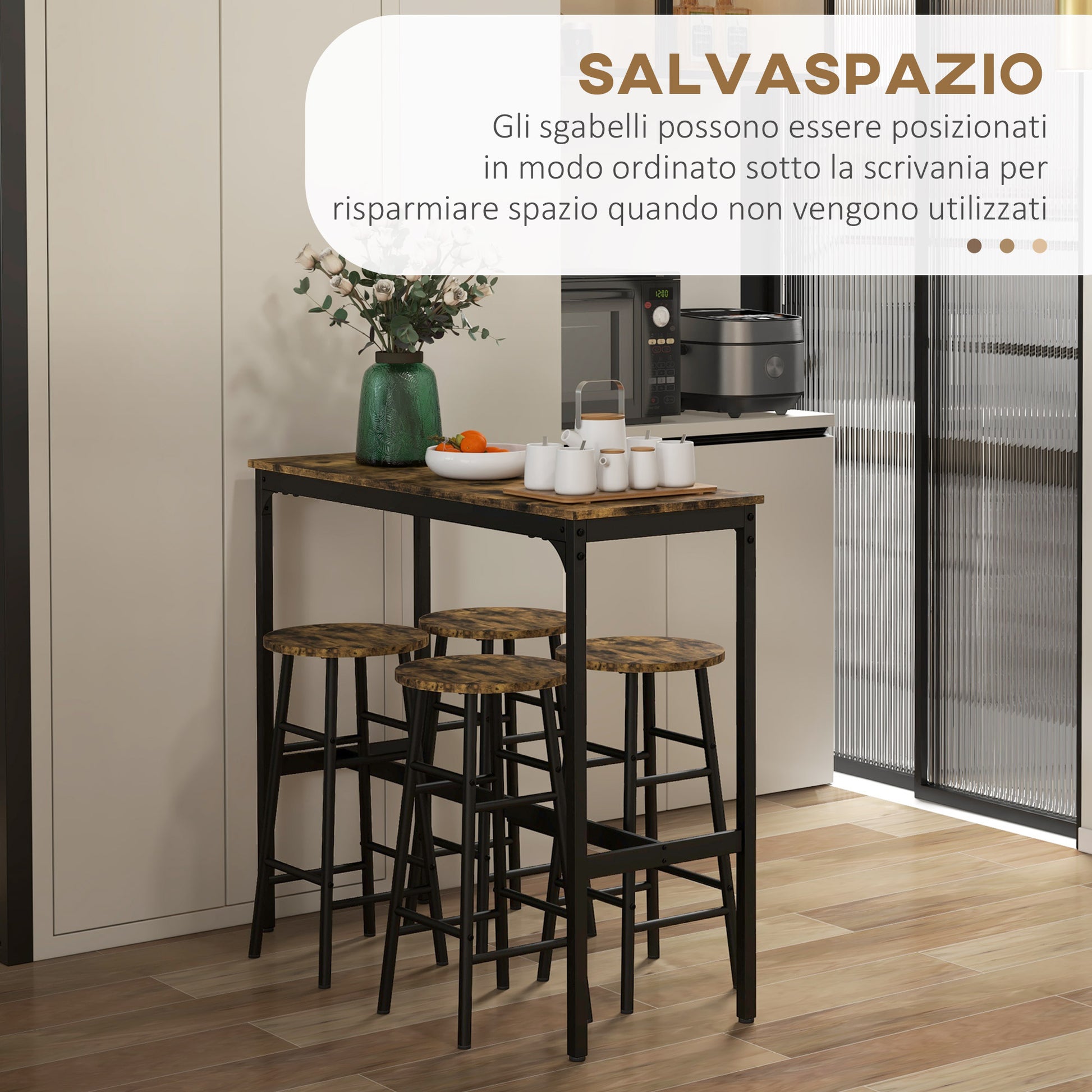 Rectangular Table Set for 4 with Chairs, 4 Footstools in MDF and Steel, Footstools Ø30x60 cm and Rectangular Table 105x40x90 cm, Black and Rustic Brown